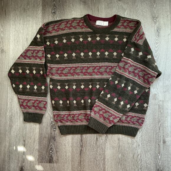 Vintage Bugle Boy Sweater Red Brown Cosby Fair Isle Grandpa Mens Large - Picture 1 of 8